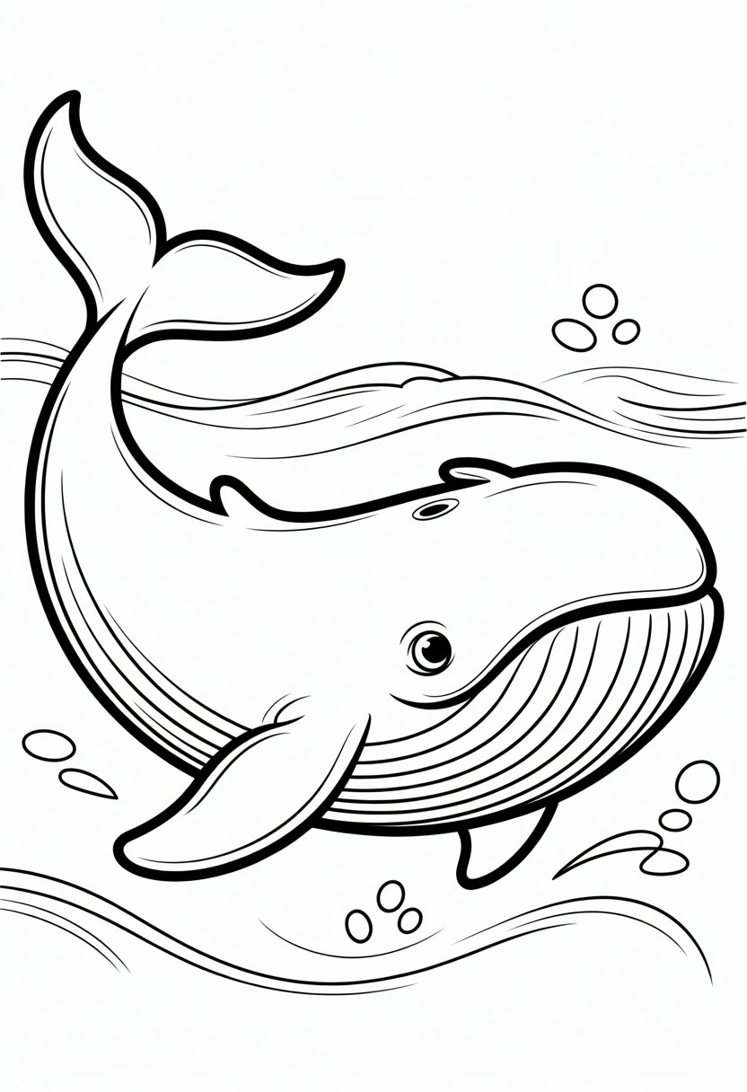Whale Coloring Pages For Kids | 11 Fun and Educational Designs 7 A large whale swimming with simple waves and bubbles around it.